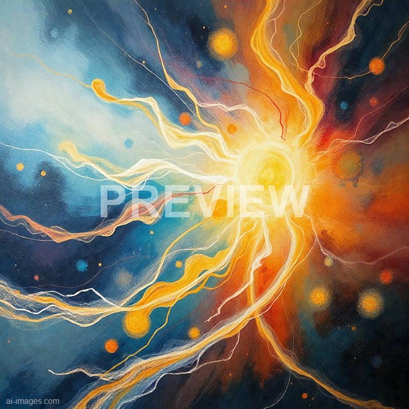 The image depicts a vibrant, abstract representation of a cosmic explosion or energetic event in space. Bright, swirling tendrils of yellow, orange, and white radiate outward from a luminous central core, intermingling with streaks of red and blue. Small, colorful orbs and dots are scattered throughout the dark background, resembling stars and distant celestial bodies.